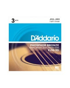 D'Addario EJ16 Light Phosphor Bronze Acoustic Guitar Strings (12-53) - 3-Pack