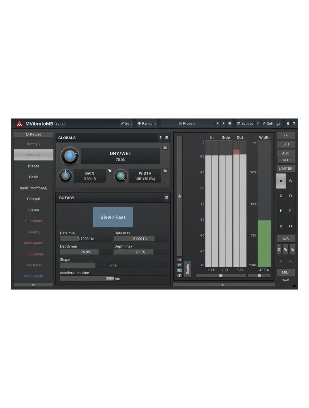 Melda MVibratoMB 6 Band Custom Shape Rotary Simulation