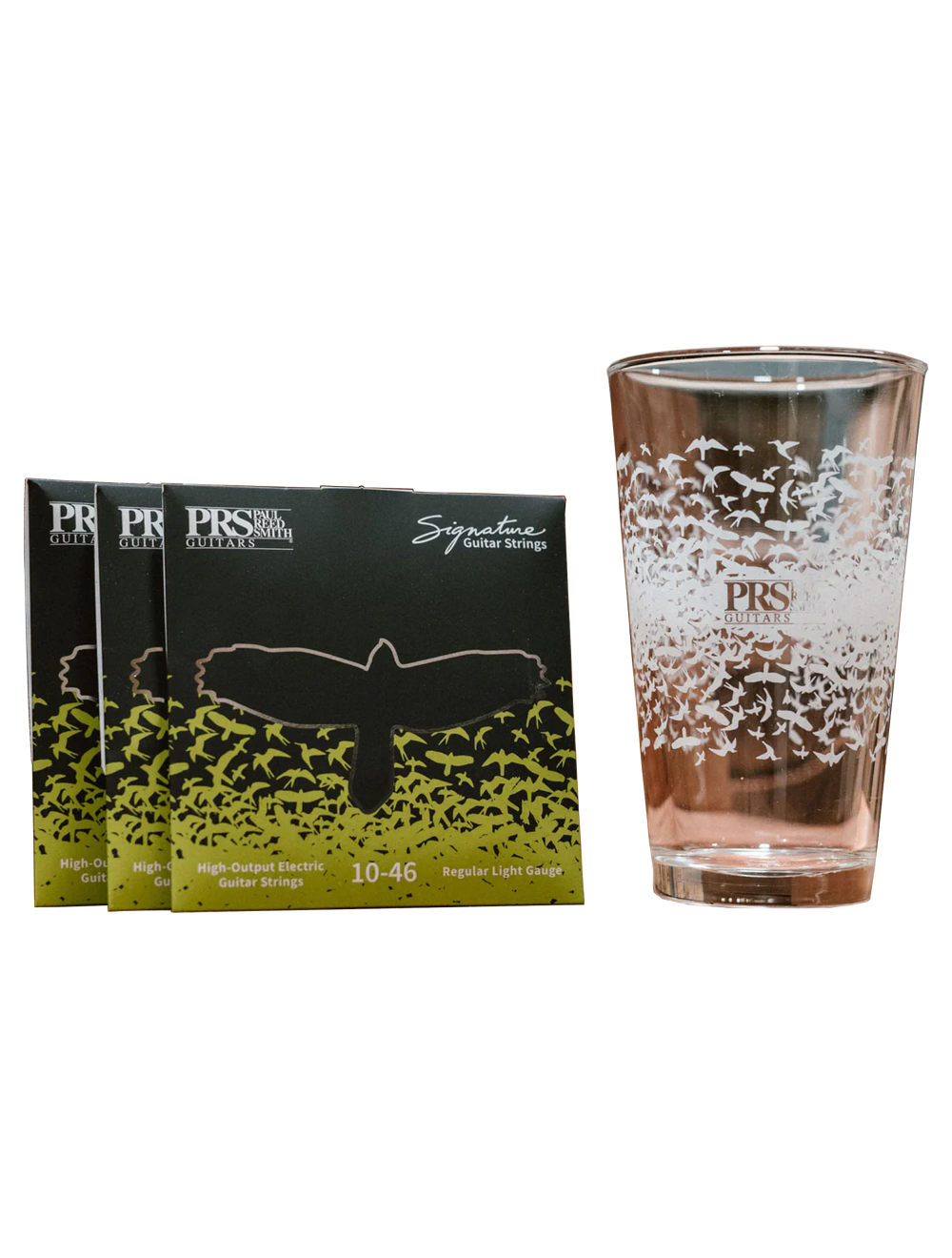 PRS String Bundle w/Signature Strings 10-46 (3 Sets), Pint Glass & Bird Swarm 