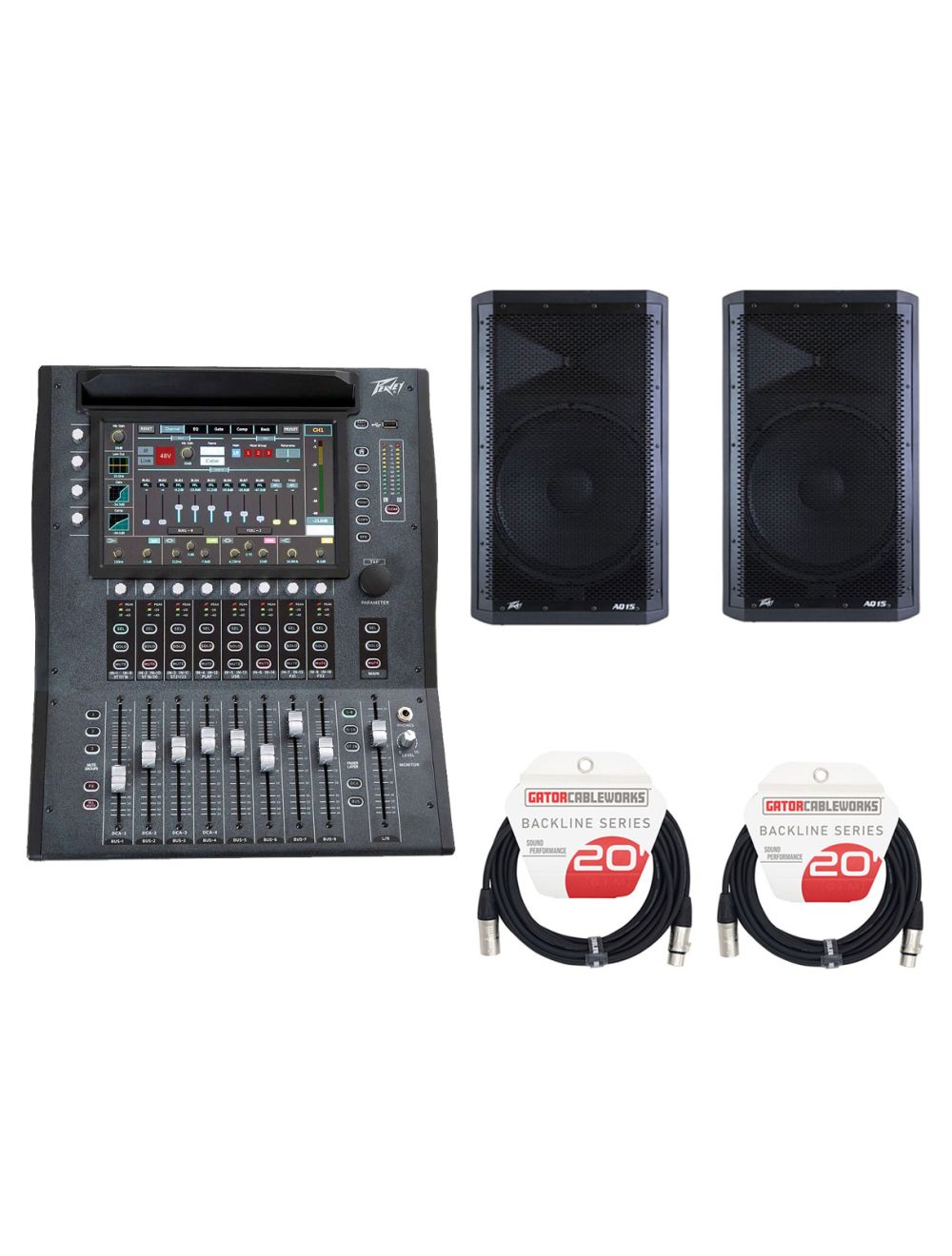 Peavey Aureus 28 Digital Mixer + Peavey Aquarius AQ 15 15" Speakers + Cables