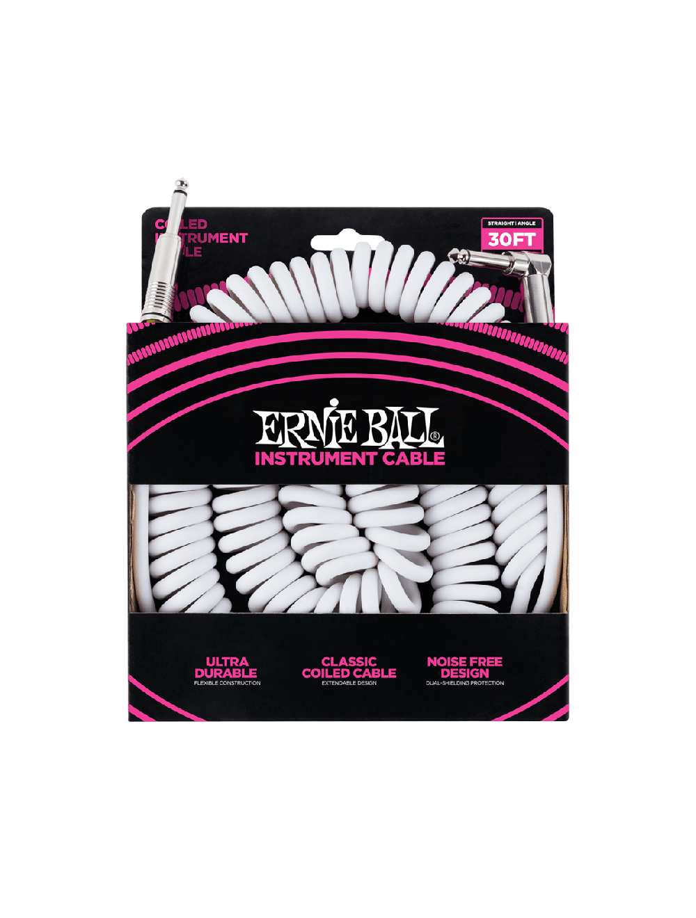Ernie Ball 30’ Coiled Straight / Straight Instrument Cable - White