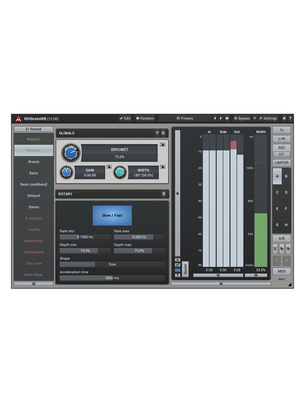 Melda MVibratoMB 6 Band Custom Shape Rotary Simulation
