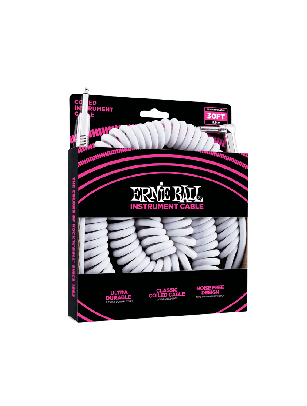 Ernie Ball 30’ Coiled Straight / Straight Instrument Cable - White